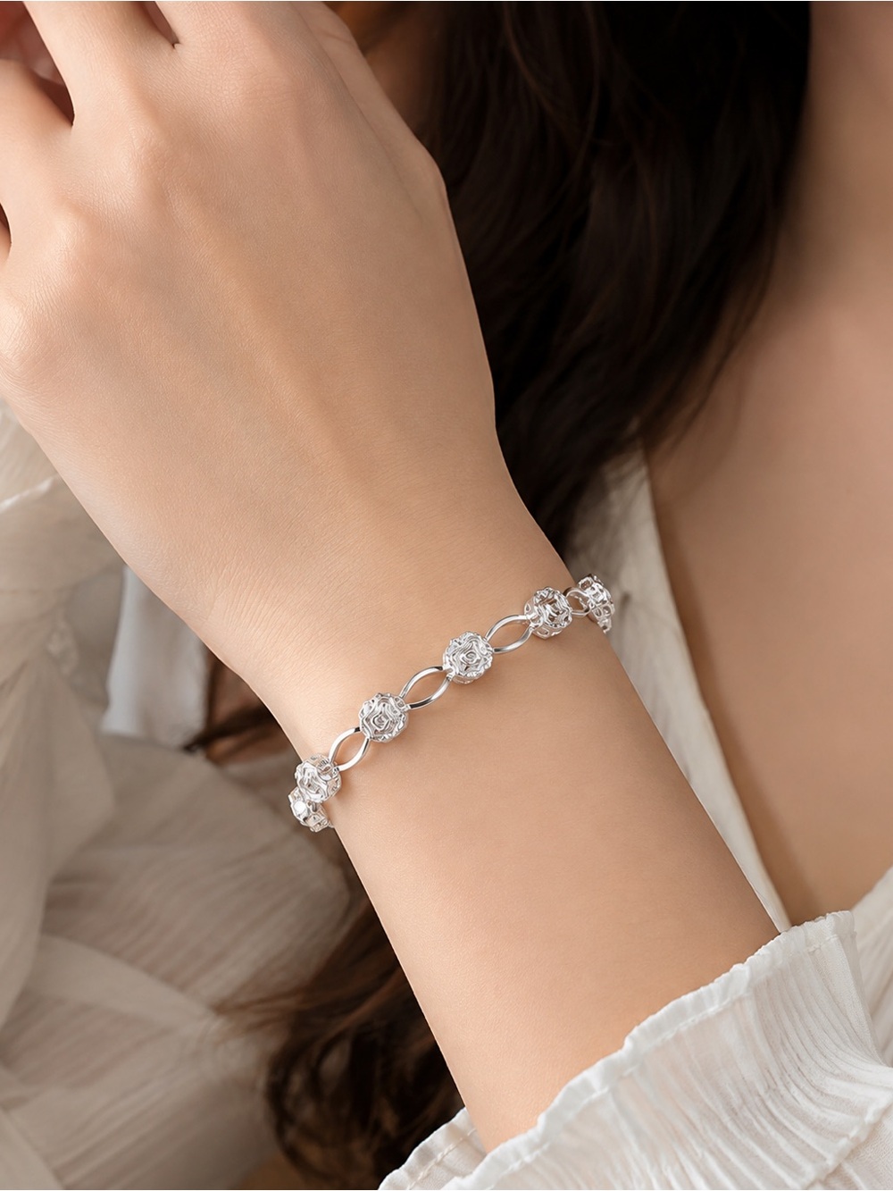 925 Sterling Silver Rose Flower Open Cuff Bangle Bracelet Adjustable